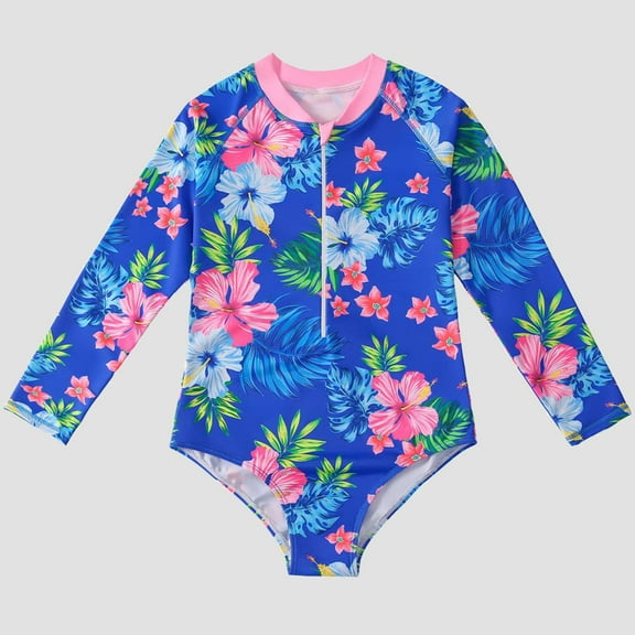 ATOGUTA Girls Swimsuits 1 Piece Kids Zipper Rashguard Swimwear One Piece Sun Protection Rash Guard Bathing Suit Size 5T-12, Blue