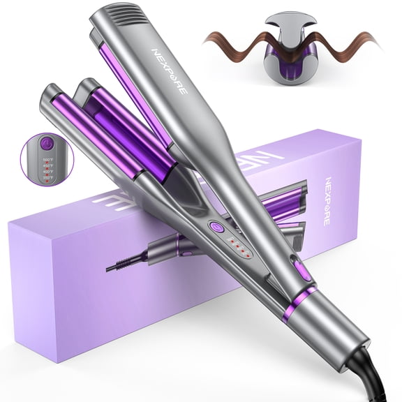 NEXPURE 1.25 Inch Hair Crimper Waver, 3 Barrels Deep Waver Hair Curler, Ceramic Curling Iron for Women, 10S Heat up, Anti-Scald, Purple