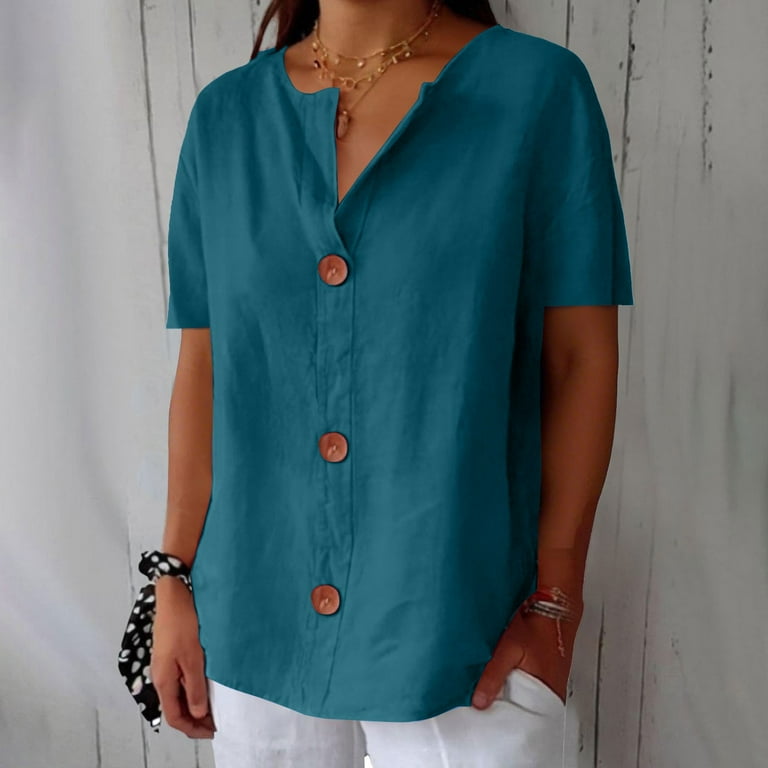 Women Linen Tops Short Sleeve Round Neck Gauze Shirt Casual Summer Vintage Loose Button Comfy Tshirt Cotton Blouse
