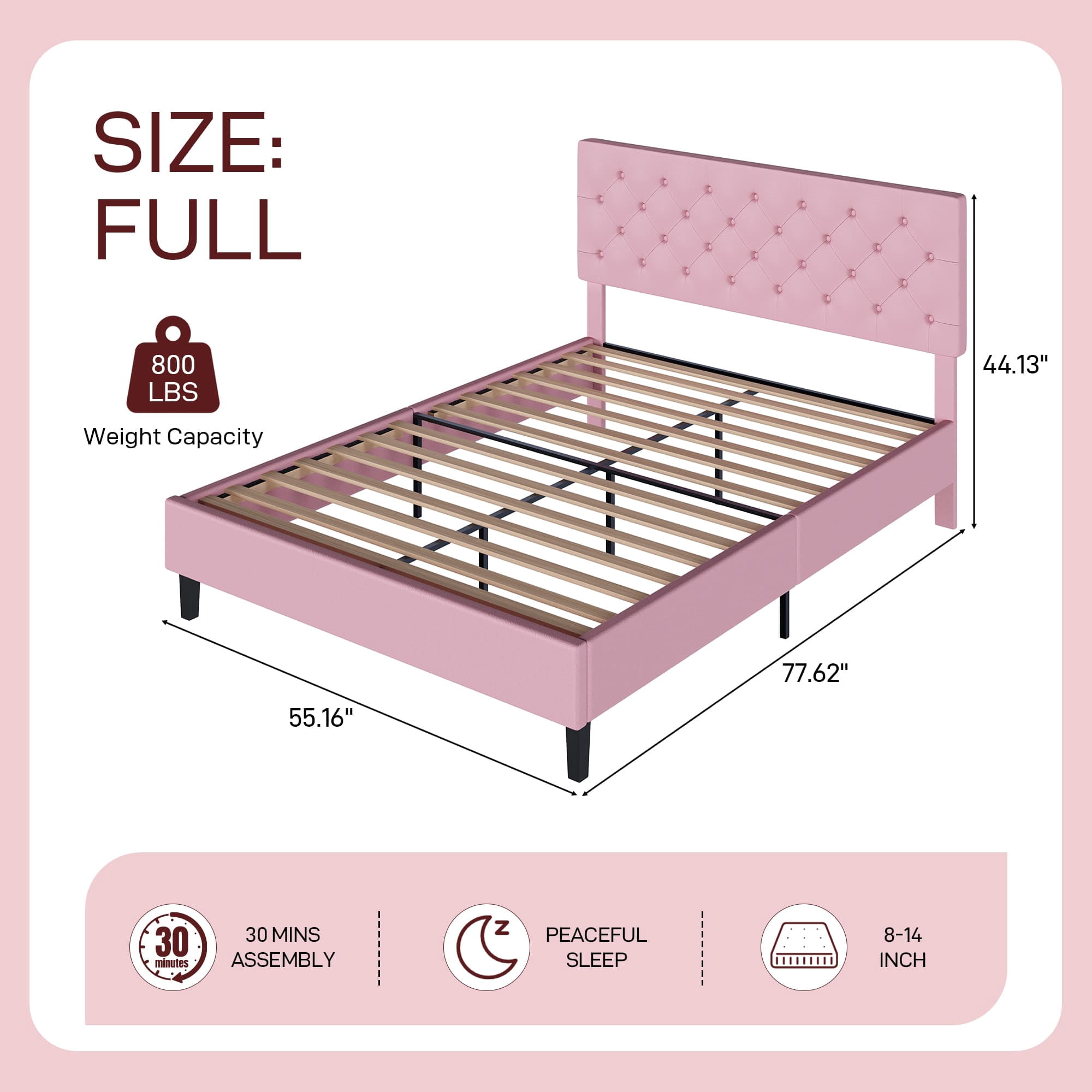 4 EVER WINNER Full Upholstered Bed Frame with Adjustable Headboard, Button Tufted Linen Bed Base, Platform Bed with Wood Slat, Heavy Duty, Easy Assembly, No Box Spring Needed, Pink