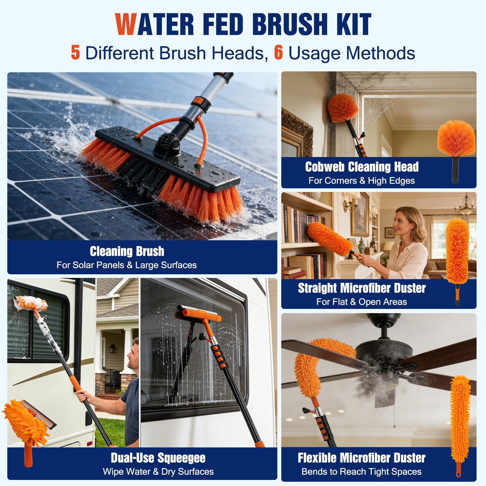 20FT Extendable Cleaning Pole with Adjustable Brush Head & Soap Bottle, Outdoor Cleaning Tool for Windows, Walls, Roofs and Exterior Surfaces