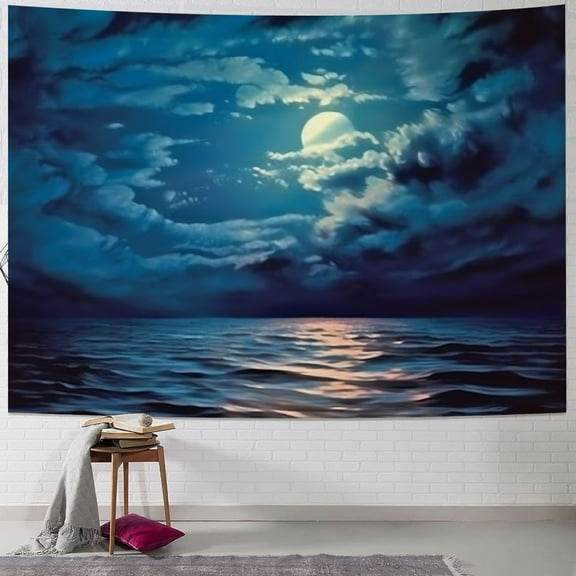 SHERONV Night Tapestry, Majestic Dramatic Sky Clouds and Full Moon Over Seascape Calm Tranquil Ocean, Wide Wall Hanging for Bedroom Living Room Dorm, 40x30inch