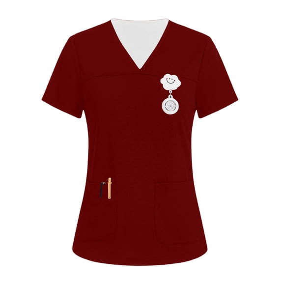 Iaqnaocc Scrubs for Women Plus Size Solid Nurse Uniforms Trendy V Neck Side Slits Scrub Shirt Holiday Short Sleeve Tees Blouse with 3 Pockets Wine 3XL