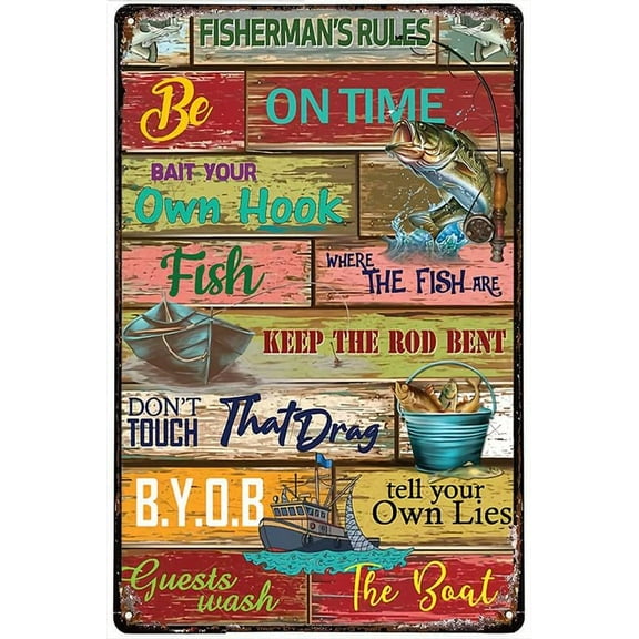 Home Decoration Tin Signs Fishing Fisherman'S Rules Be On Time Keep The Rod Bent Fisher Metal Tin Sign Retro Metal Sign Wall Plaque Pub Cafe Home Decor 12 x 8 Inches