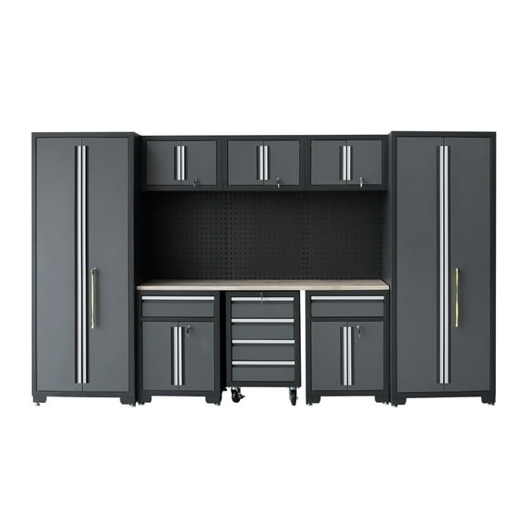 9-Piece Garage Shop Tool Storage Cabinet Set with Pegboard and Wooden Work Top 24 Gauge Steel Tool Chests & Garage Mounted Storage Systems - Black Gray