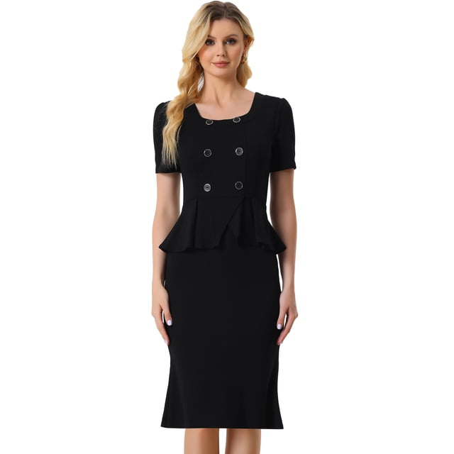 Vestido Peplum con Cuello Redondo y Botones de Mujer Vestido Elegante de Negocios Negro S