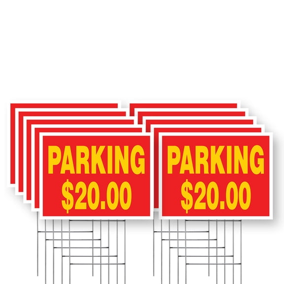 Parking $20 Dollars Yard Sign 10 Pack of 12 Inch x 16 Inch Single Sided Weatherproof Heavy-Duty Plastic with Stake | Event Parking, Premium Locations, Affordable Signage | Made in USA