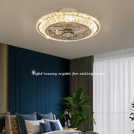 

Crystal Enclosed Ceiling Fan LED Light 20 In Flush Mount Bladeless Fan Dimmable Chrome Crystal Ceiling Fan Light LED Chandelier 3 Colors Lamp W/Remote Control Crystal LED Ceiling Fan Light