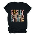 thumbnail image 3 of YHAJDS Women's Short Sleeve Tops Easily Distracted By Rocks Letter Print Round Neck Loose Tee, 3 of 7