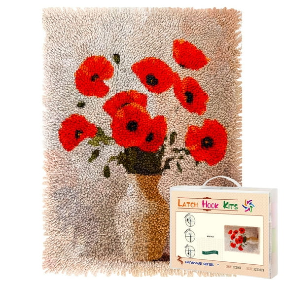 Latch Hook Rug Kit Red Poppies Flowers in Vase Pre-printed Handmade Carpet Crochet Yarn Craft DIY Hook and Latch Door Mat Tapestry for Home Floor Decoration 52x38cm-1