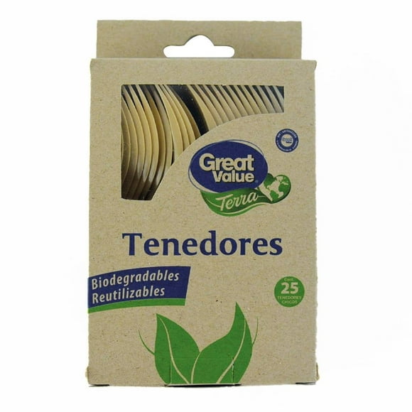 Tenedores Great Value terra biodegradables chicos color beige 25 pzas