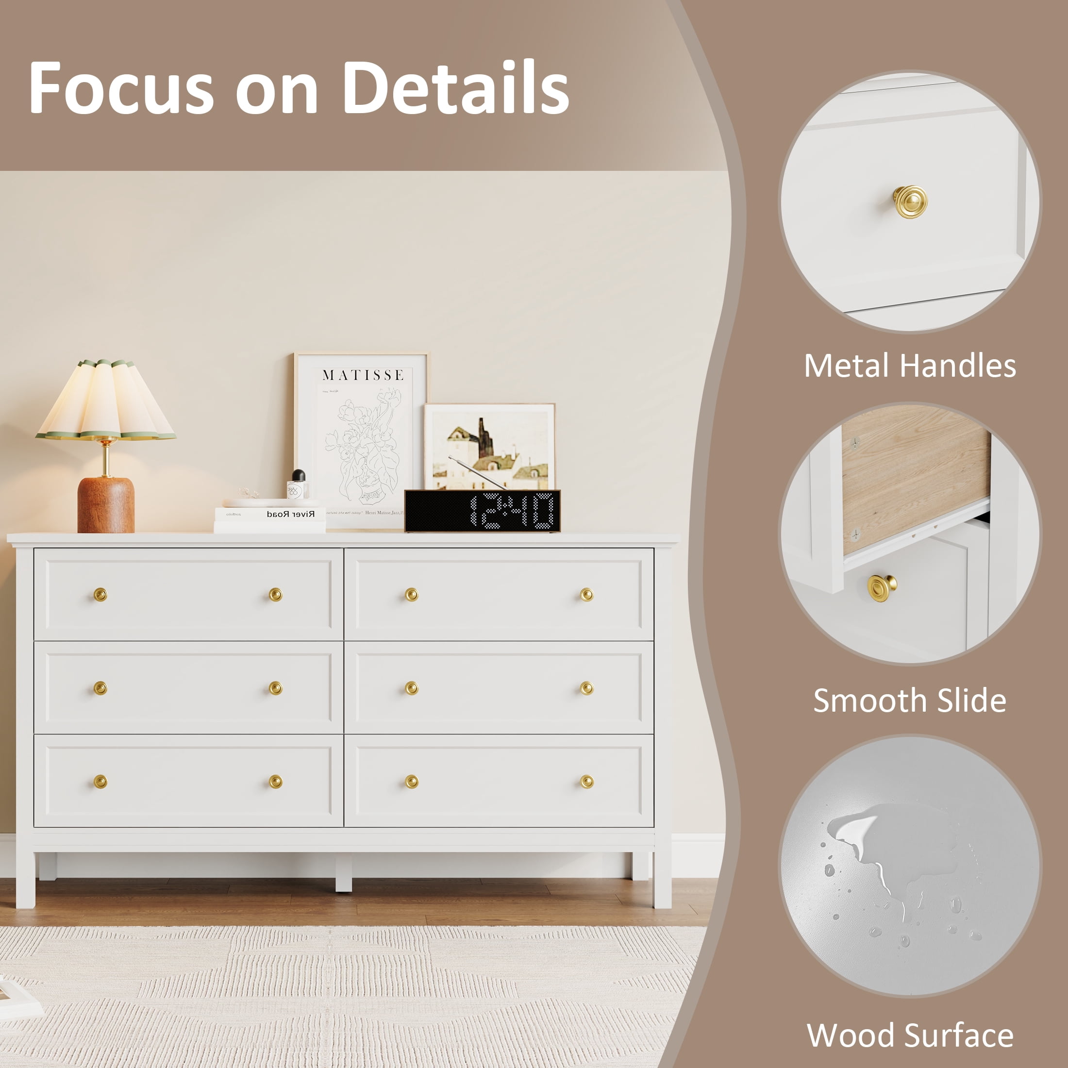 YouTrend White Large Dresser with 6 Drawer for Bedroom,Traditional Adult Storage Cabinet with Golden Handles for Living Room,Hallway