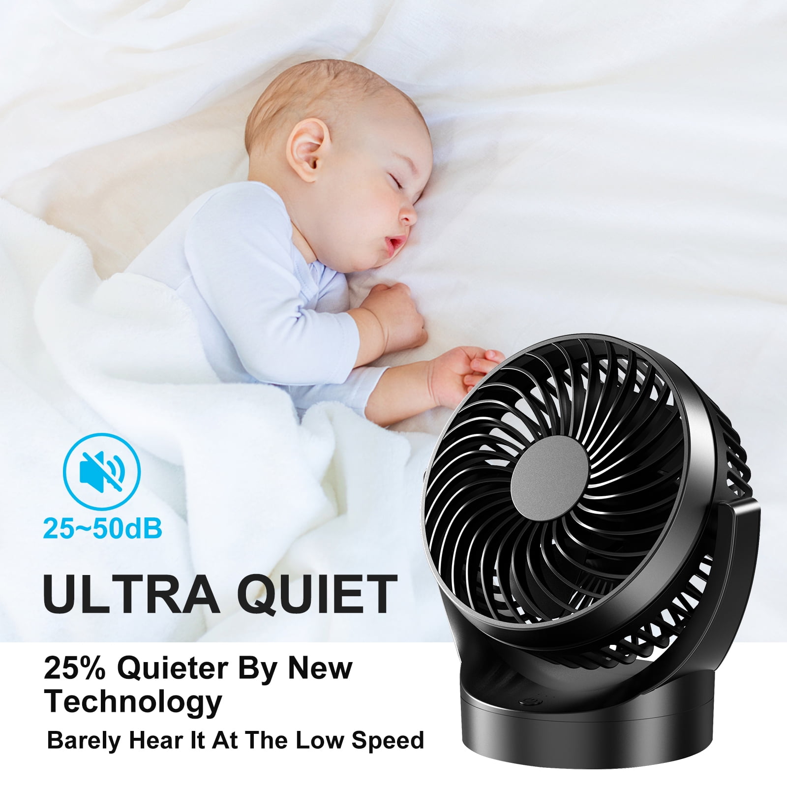 JOLTIX 7" Table Fan,3100mAh,Silent, Super Wind Power and Battery Life, Desktop Mini Fan,Black