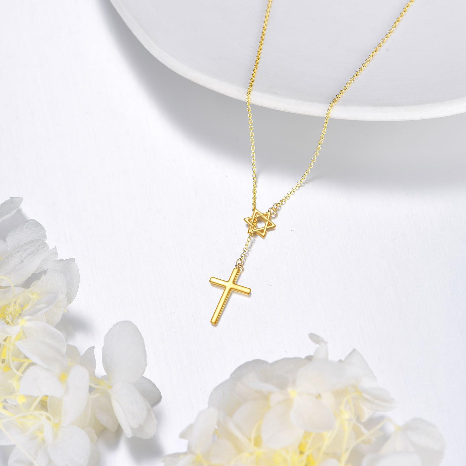 14K Gold Star of David with Y Cross Pendant Necklace for Men Women, Elegant Religious Jewelry Gift for Christmas, Birthday