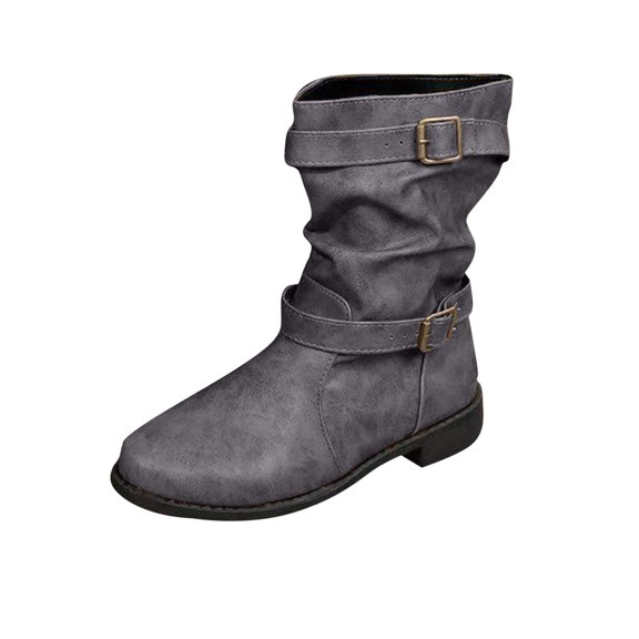Xfvqtps Womens Slouchy Mid Calf Boots with Double Buckle Design Low Heel Comfortable Winter Booties Faux Leather Fashion Boots Gray