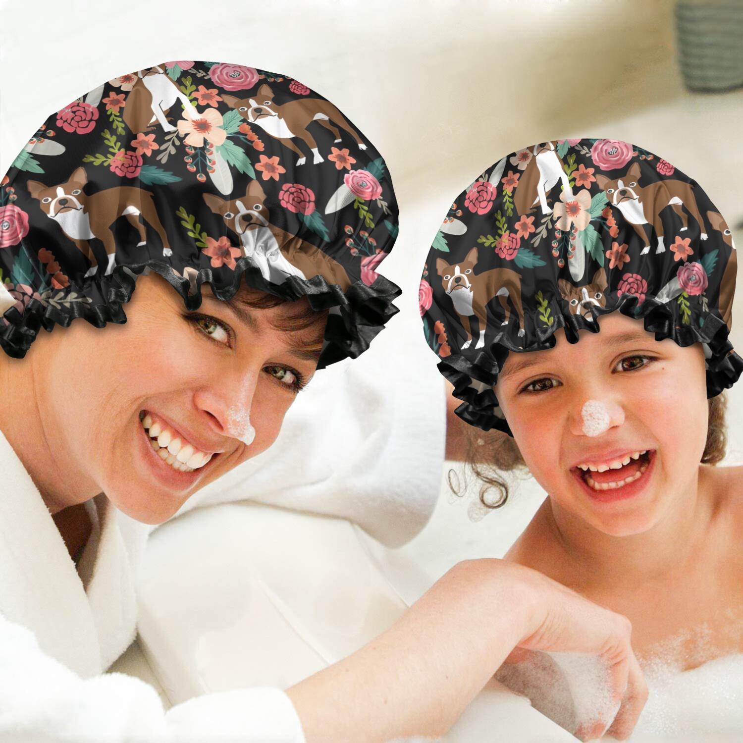 Shower Caps,Boston Terrier Dog with Pioneer Flower Waterproof Shower Cap for Women 4 Pieces,Double Reusable Hair Cover for Shower PEVA Elastic Stretch Hem