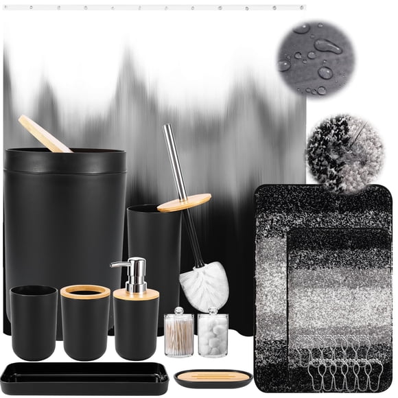 iMucci Bathroom Accessories Black Bathroom Sets with Shower Curtain and Rug, Black Ombre Waterproof Shower Curtain with Ultra Abs