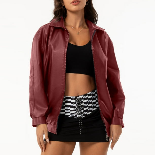 Chaquetas y abrigos de piel sintética de manga larga sin capucha para mujer, de moda, de color liso, con cuello vuelto, cremallera, capucha y sin bolsillo, chaqueta de piel para mujer, parte superior