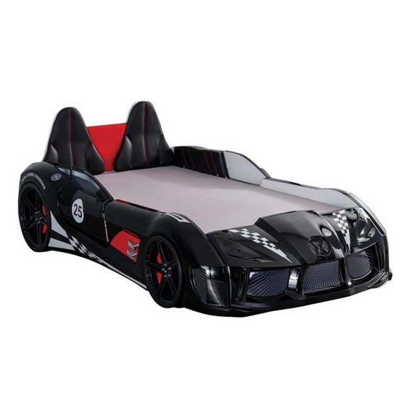 Furniture of America Race Car Twin Plastic Toddler Bed with LED Lights & Sound Effects, Black