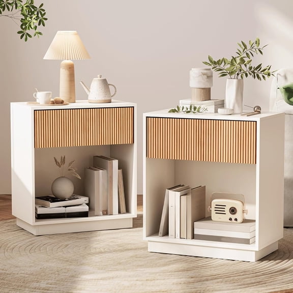 Nightstand 2-Piece Set, Modern Nightstand with Drawers and Storage Shelves, Wooden Side Table, (White)