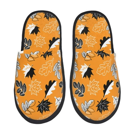 Balery Bold Black and White Leaves Orange Slient Indoor Furry Fleece Comfort House Shoes Soft Non-Slip Home Shoes Cotton slippers House Slippers-- Medium