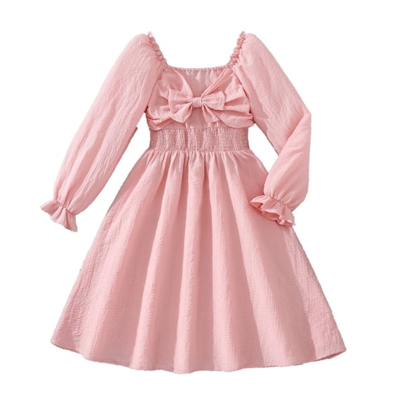 WMQPNNS Girls Dresses Ruffle Bowknot Smocked Midi Dress Square Neck Long Sleeve Swing Dress Girls Clothes for Spring Fall, Dress for Age 8-9 Years, 1-Pink