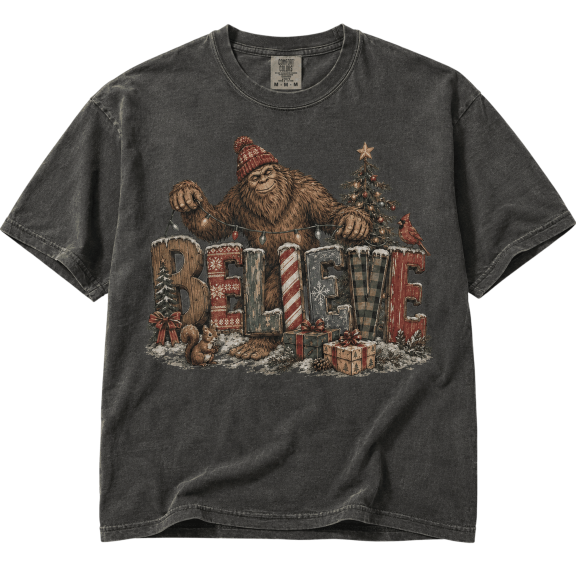 Lotusprint LLC Christmas Bigfoot Classic Unisex T-Shirt Comfort, Winter Believe Holiday Graphic Tee