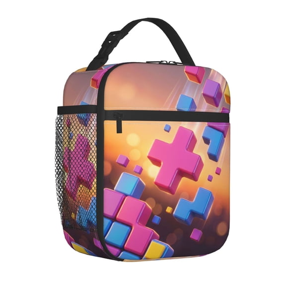 Colorful Puzzle Lunch Box, High-Quality Multi-Color Insulated Bag, Reusable Heavy-Duty Thermal Bento Pack, Practical Travel Handheld Cooler for Work
