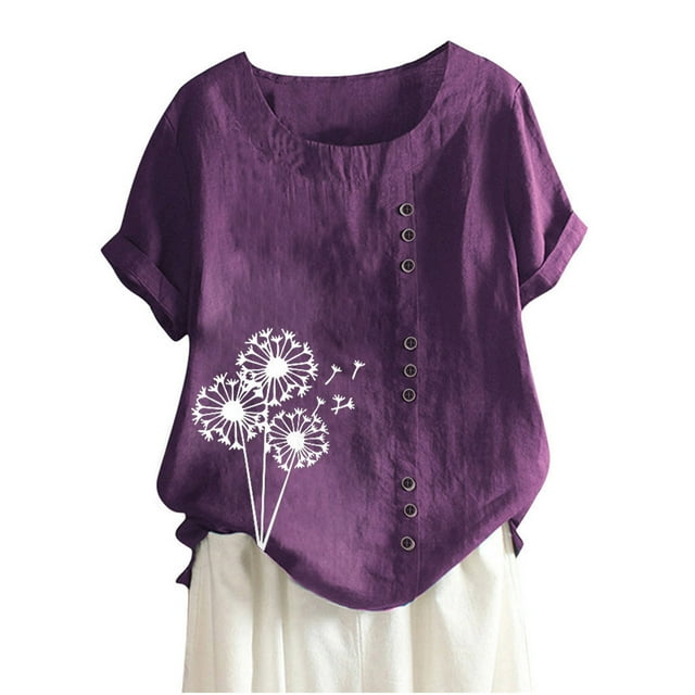 Cameland Hauts pour Femmes Col Rond Manches Courtes Imprimé Floral Chemise Ample