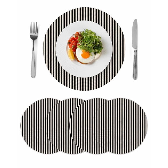 Black Striped Round 15 Inch Placemats Set of 4, Modern Simple Farmhouse Beige Vintage HeatResistant Non Slip Place Mats for Dining Table, Wipeable Braided Kitchen Table Mats for Housewarming