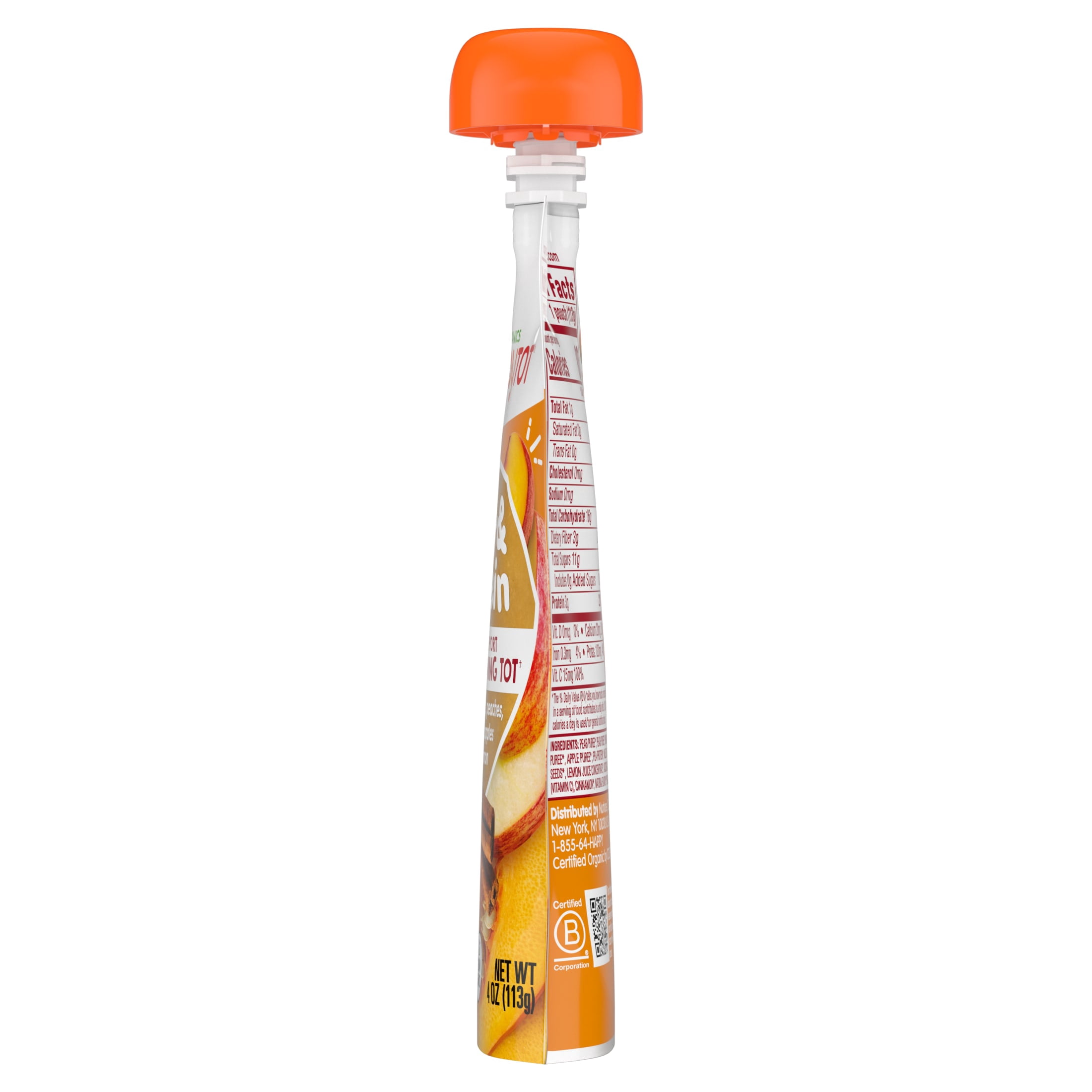 Happt Tot Organics Stage 4 Baby Food Pouch, Gluten Free, Vegan Snack, Fiber & Protein Fruit & Veggie Puree, Apples, Peaches, Pumpkin & Cinnamon, 4 oz.