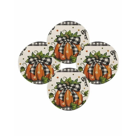 Fall Round Placemats Set of 4 Orange Polka Dot Pumpkin Place Mats Thanksgiving Woven Placemat Black Plaid Bow Linen Circle Braided Table Mat for Kitchen Dining Table Autumn Party Home Decor 15 Inch