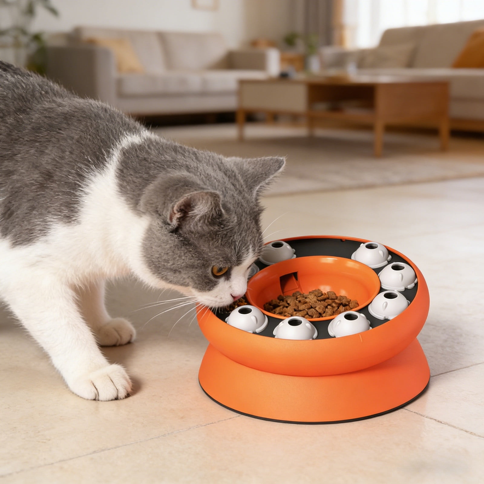 Interactive Cat Slow Feeder Bowl With Automatic Food Dispenser Puzzle For Indoor Cats