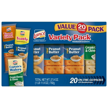 Lance Variety Pack Sandwich Crackers with ToastChee and Toasty with Peanut Butter and Captain's Wafers with Cream Cheese, 20 (Best Low Cal Cheese)