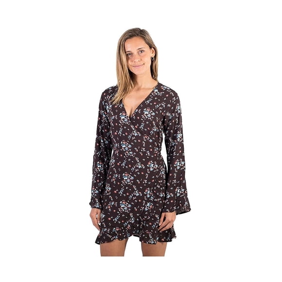 Hurley Womens Long Sleeve Wrap Dress, blkfl, XS