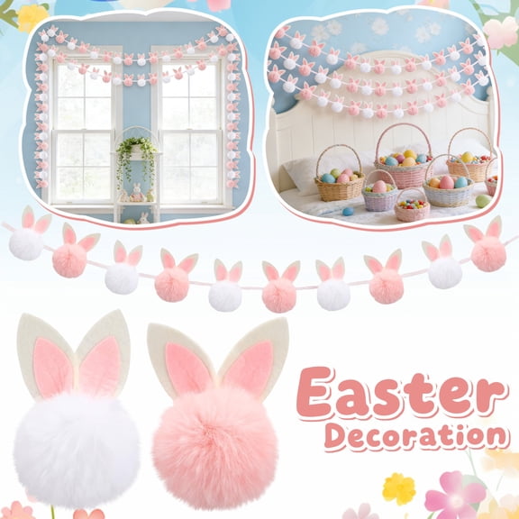 Bunny Pom Pom Garland and Decorative Plush Bunny Tail Set with Felt Ears for Home Party Wall Table Decor Easter Theme