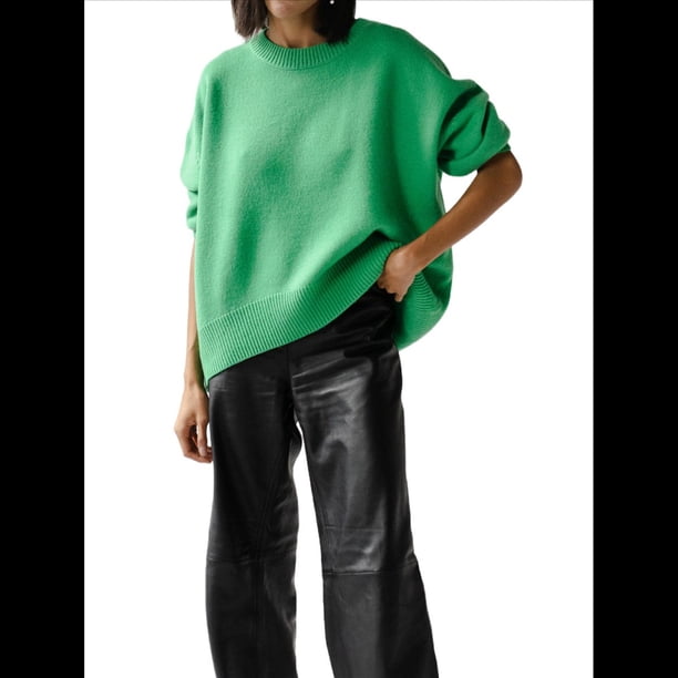 Suéter de Punto de Larga para Mujer, Jersey de Cuello Redondo, Suéter Informal Holgado. Verde Talla Única