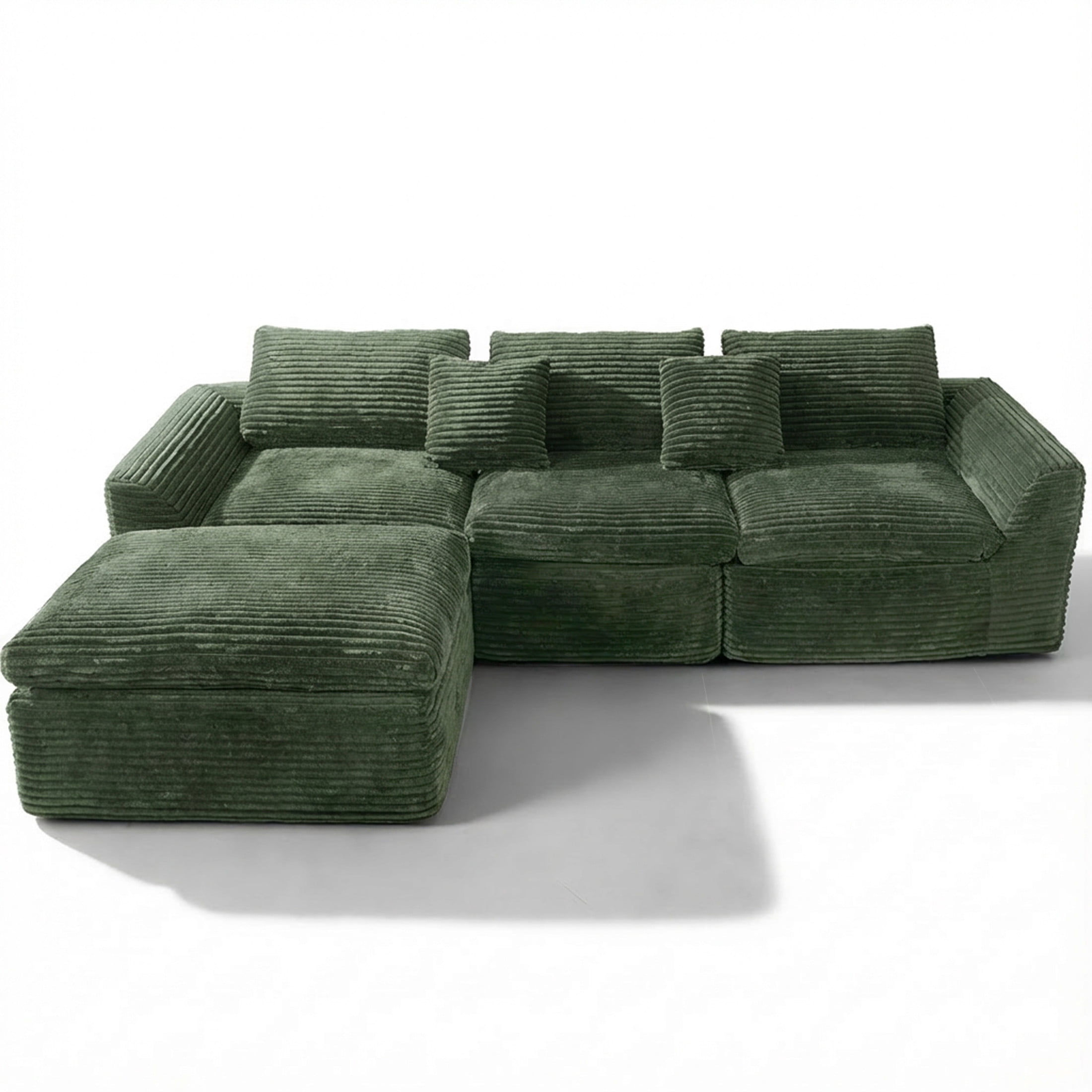 Noble House Quinley 108" Boneless Sponge Cloud Sofa, High-Density Foam Modular Corduroy Sectional, Living Room, Green
