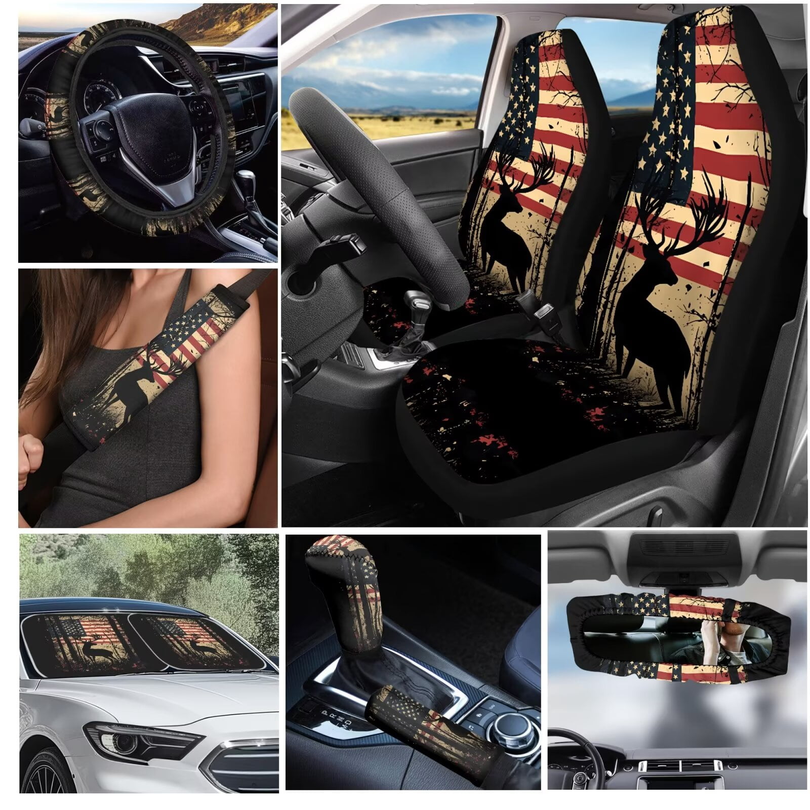 Garronmavis American Flag Deer 16 Pcs Car Accessories Set Car Seat Belt Pads Cover Keychain Gear Shifting Knob Cover Cup Mats Front Window Sunshade Rearview Mirror Cover Decorative Accessories