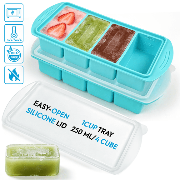 Ice Cube Tray, Qissep Silicone Freezer Tray with Lid, Makes 8 perfect 1 cup portions cubes,For Meal Prep & Freezing of Various Sauces and Other Dishes,Oven & Dishwasher Safe,2 Pack