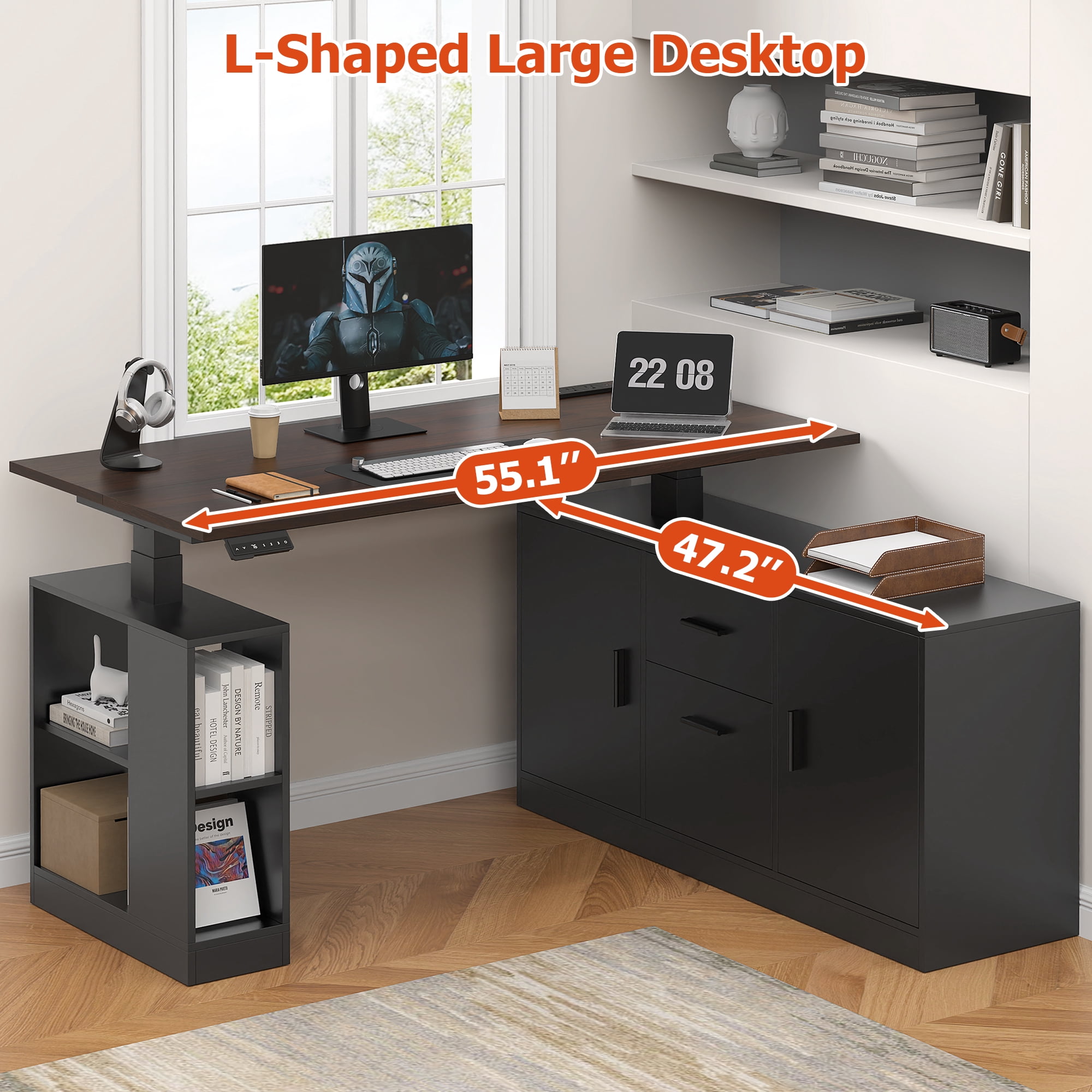 Frmobepts L-Shaped Executive Standing Desk with File Cabinet, 55" x 23.6" Electric Height Adjustable Stand up Desk, One-Whole Piece Desktop, Home Office Modern Computer Desk with 3 Memory Presets