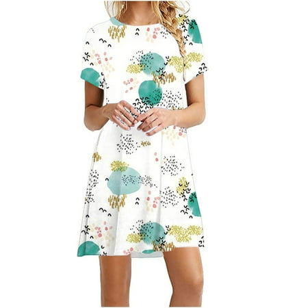 

YanHoo Women s Summer Dresses Trendy Print Short Sleeve Tops Dress Casual Holiday Mini Dress
