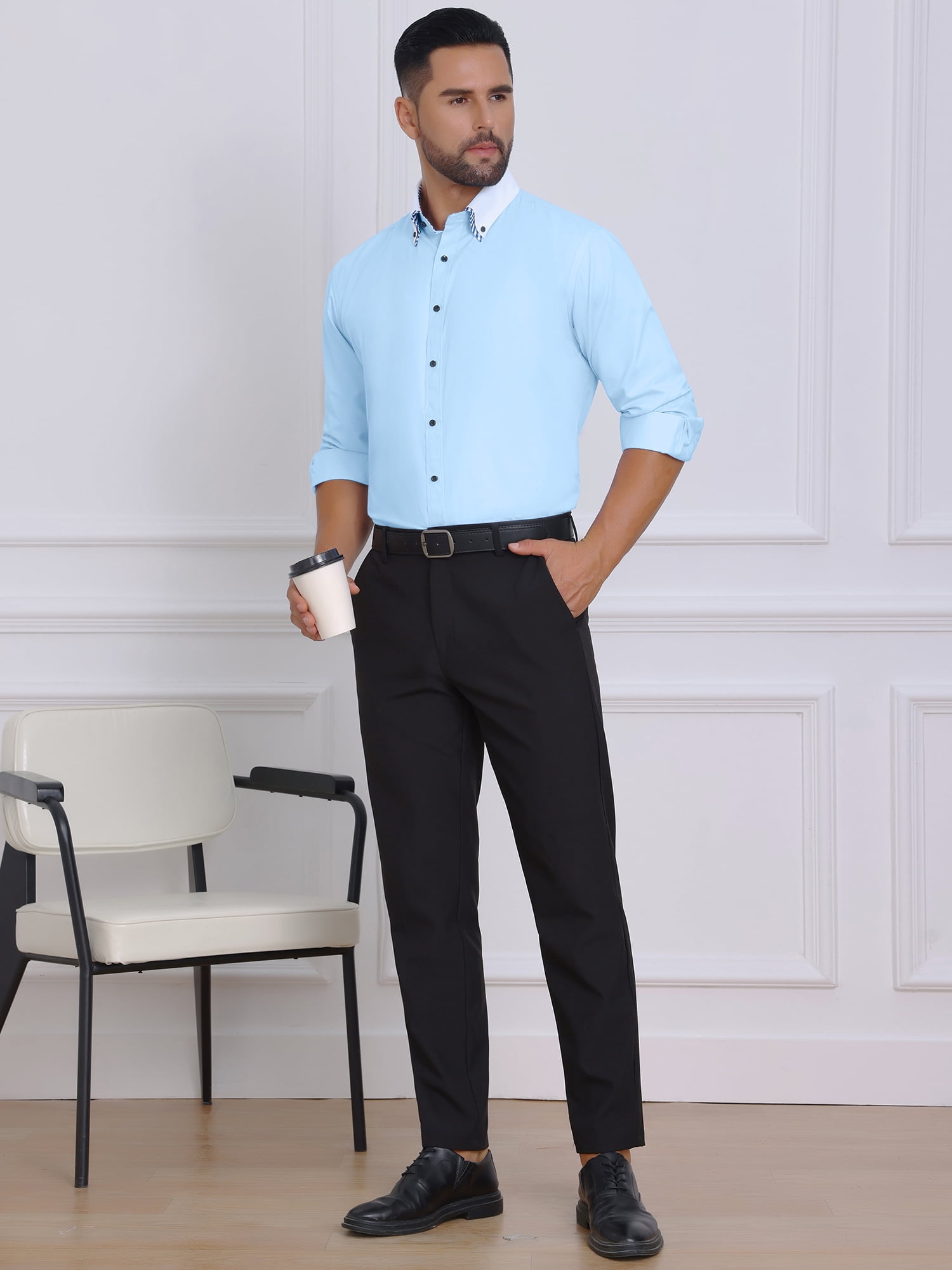 DARING DIVA Men's Contrasting Color Collar Long Sleeve Button Down Shirts M Light Blue