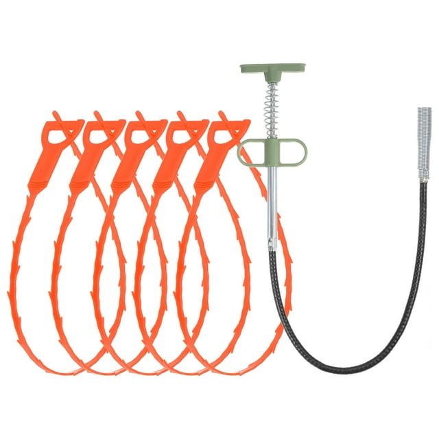 Unique Bargains Outil pour Enlever les Obstructions sur Drain 0,6 m, Déboucheur en Acier Inoxydable et 5 Pcs de Déboucheur en PP, Orange