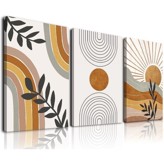 Boho Wall Art, Boho Wall Decor, Mid-Century Modern Wall Art Prints, Framed Neutral Abstract Geometric Canvas Art Prints Orange Rainbow Sun Desert Minimalist Boho Painting for Bathroom Bedroom Living