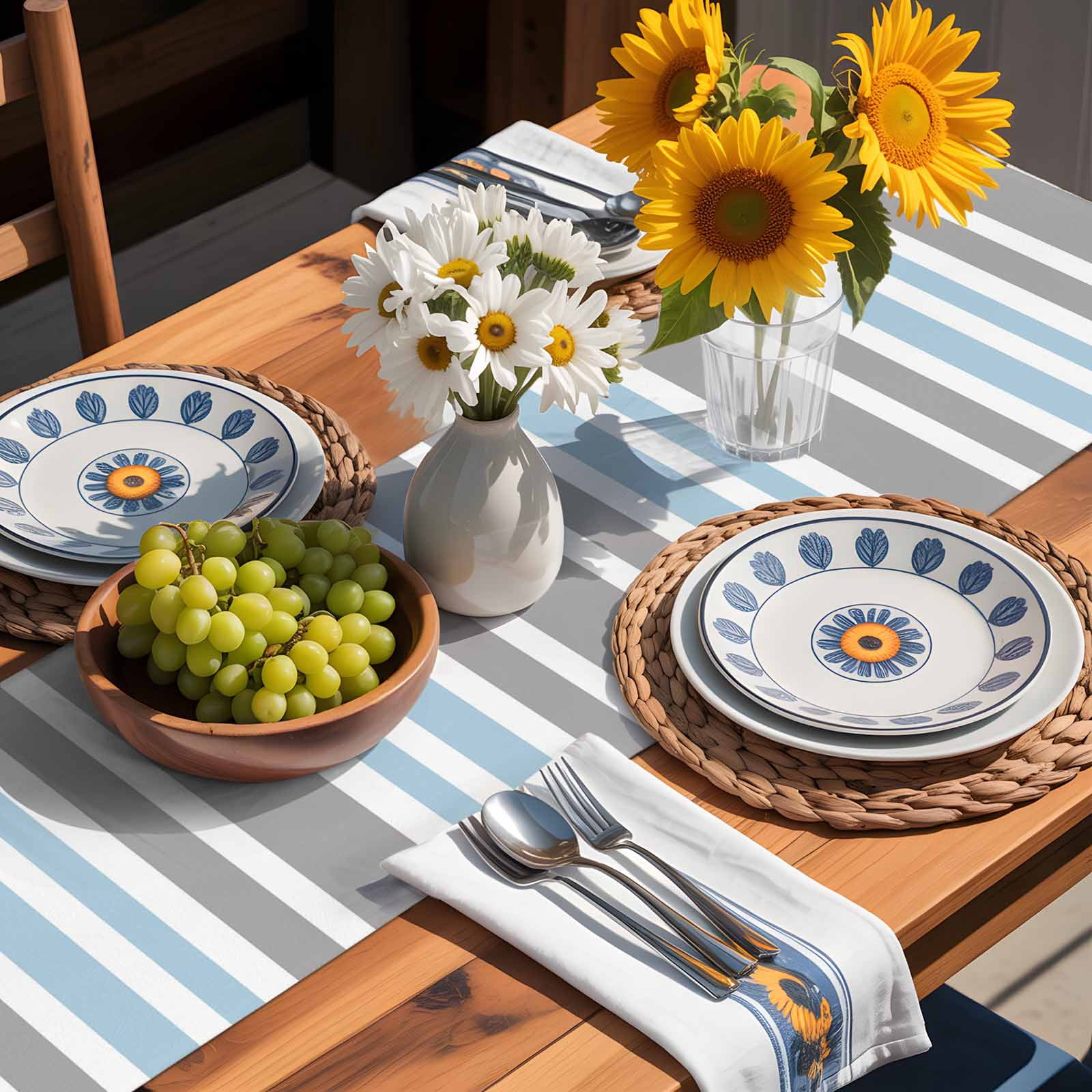 Classic Vertical Stripes Table Runner 90 Inches Long, Grey Blue White Table Runners Tabletop Scarf Kitchen Dining Tables Decoration for Home Party Indoor Outdoor