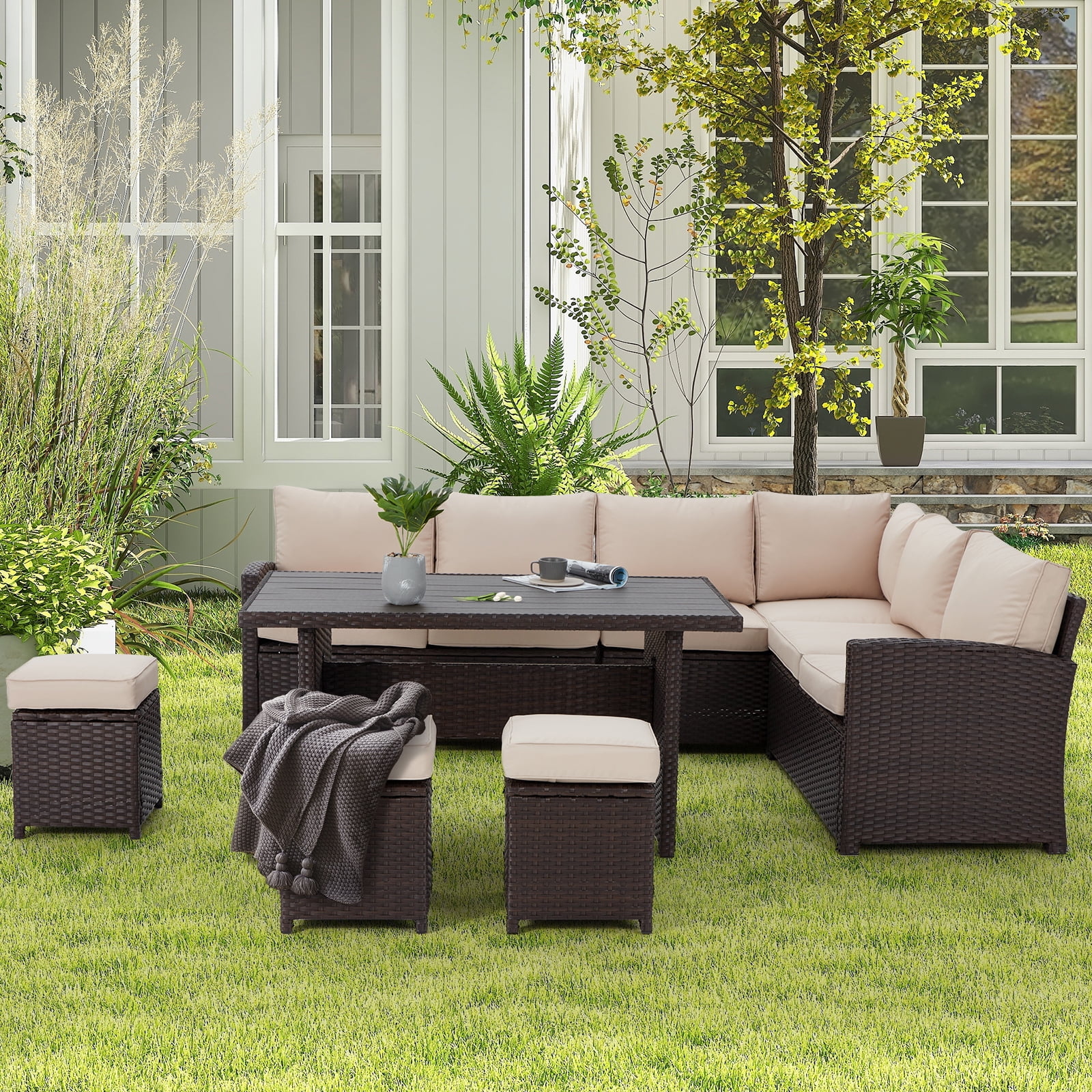 AECOJOY 7 Piece Patio Conversation Set, Outdoor Sectional Sofa Rattan Wicker Dining Furniture in Beige