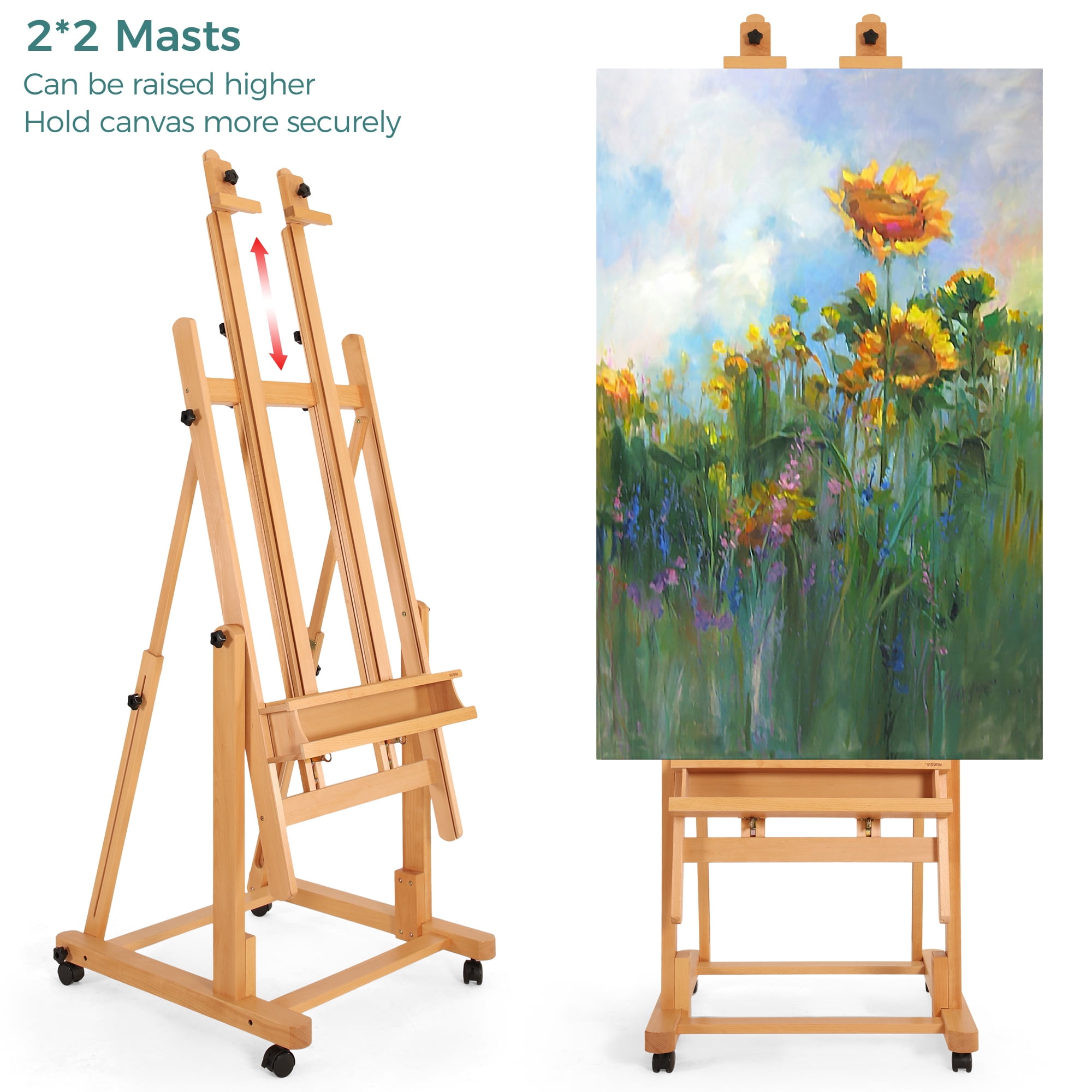 VISWIN Double Mast Extra Large Wood H-Frame Easel,Hold Canvas up to 83"-Natural