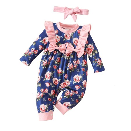 

QWERTYU Newborn Infant Baby Toddler Floral Long Sleeve Flutter Sleeve Romper for Girl Boy Cotton with Headband Set Clothes Jumpsuit 0-18M Blue 74