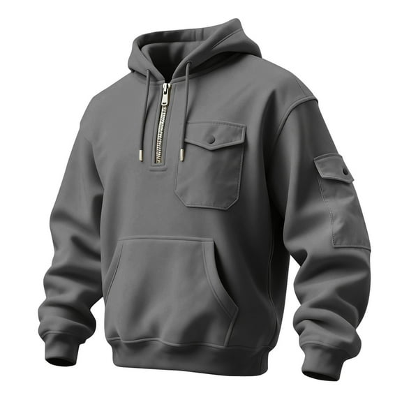LWavelet Men's Quarter Zip Hoodie with Utility Pockets - Casual Everyday Fall Winter Pullover Dark Gray M